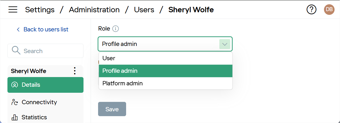 Role field options on the user Details page